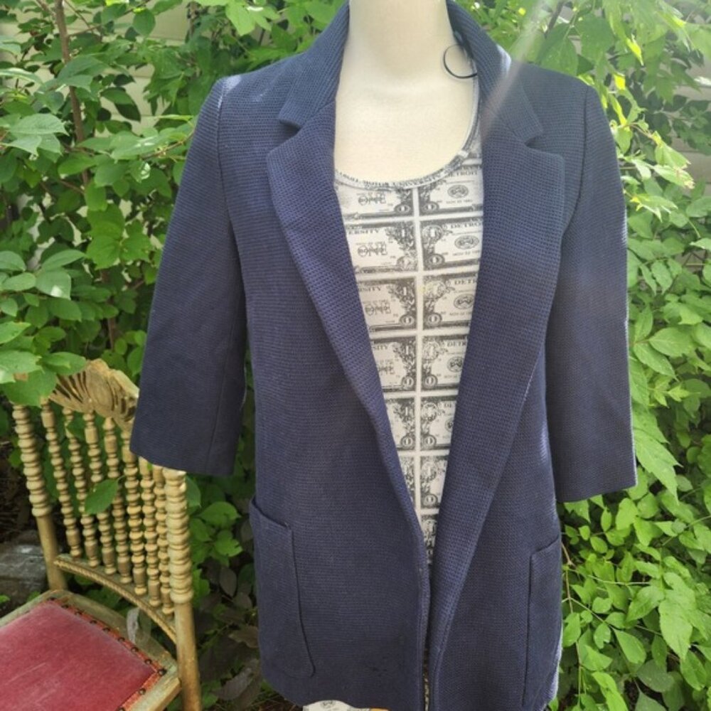 Zara Basic‎ Navy Blue Textured Knit 3/4 Sleeve Open Front Blazer Small